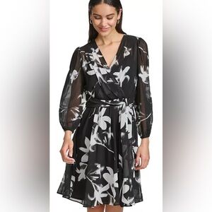NWOT Calvin Klein Floral-Print Chiffon Faux-Wrap Dress in Black + White - Sz 14